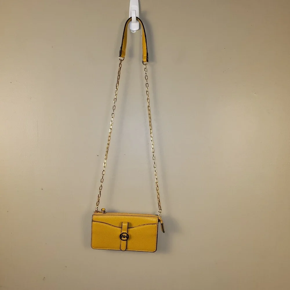 Anne Klein AK Yellow Wallet On Chain Crossbody‎ Purse Mustard Zip Top Gold Tone